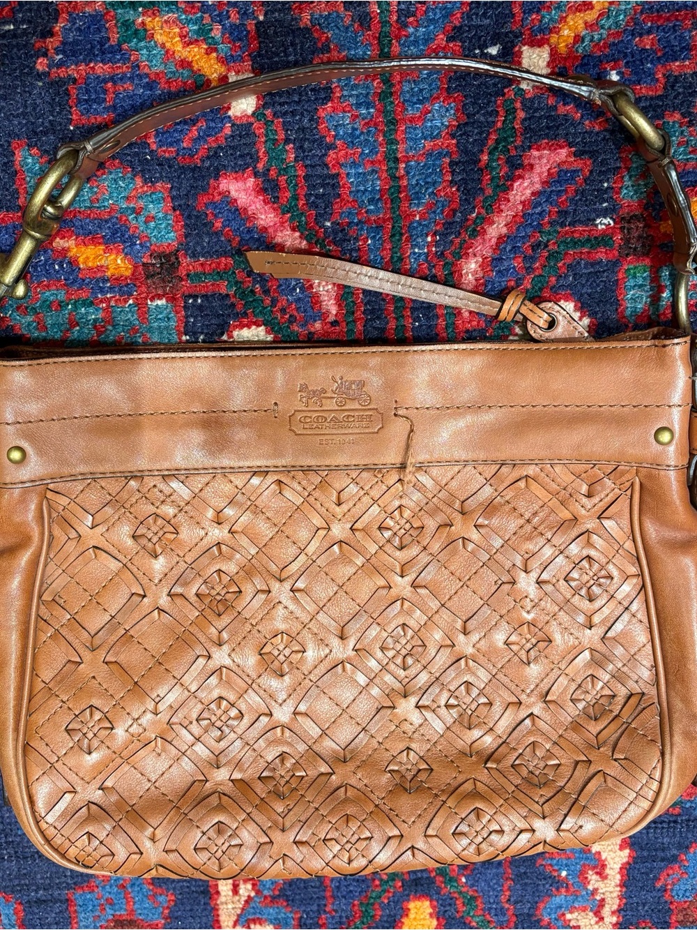 Coach Cognac Leather Shoulder Bag with Quilted Geometric Motif